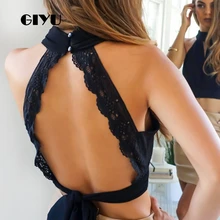 GIYU Summer Lace Patchwork Halter Camis Open Back Skinny Crooped Women Sexy Tie Up Short Tops Female crop top debardeur femme tropical print open back halter top