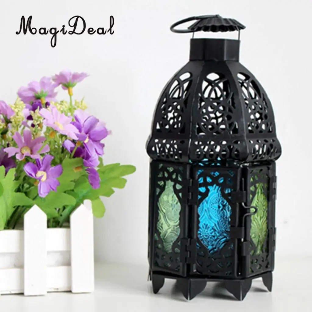 Moroccan Vintage Metal Hollow Glass Moroccan Hanging Tea Light Holder Candle Lantern Xmas Decor