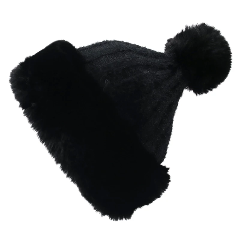 Женская теплая вязаная шапка, женские зимние бархатные шапки, мягкие удобные украшение с помпонами, утолщенная вязаная шапка, Повседневная шапка Skullies - Цвет: Black