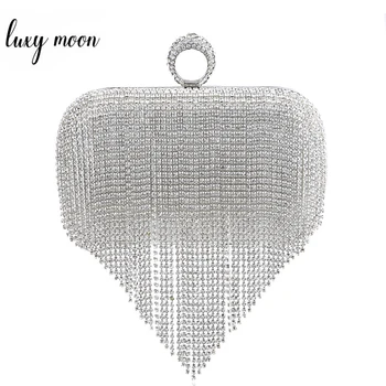 

Fashion Diamond Tassel Evening Bag For Women High Quality Day Clutches Female Knuckle Rings Clutch Bag Sliver Wedding Purse