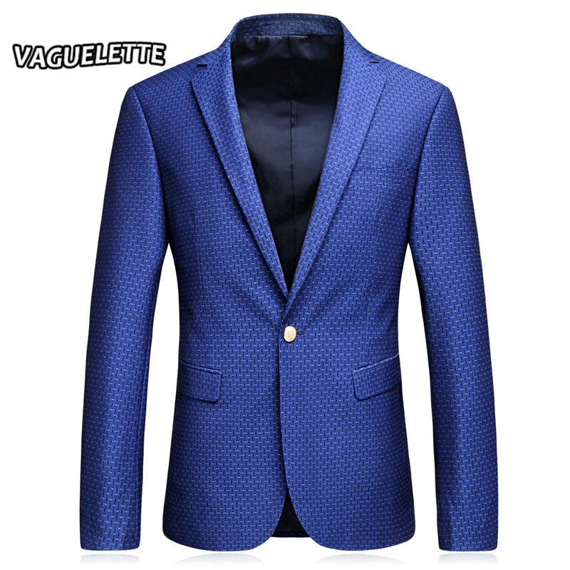 Royal Blue Plaid Mens Blazer Jacket Stylish Single Button Wedding Stage