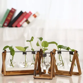 

Bulb Shape Hydroponics Glass Vase Swing Stand Flower Pot Flower Vase Desktop Home Deor Vase Wooden & Glass Craft 1/2/3 Bulbs