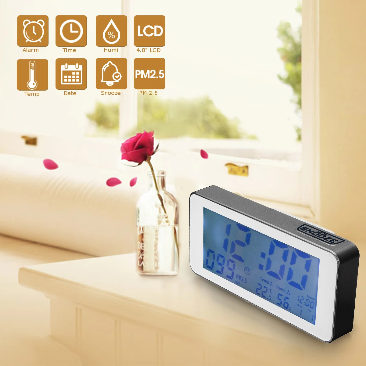 

ZEAST PM2.5 Smart Clock Detection Digital Calendar Alarm Time Temperature Humidity Gold Sliver Modern Decor US Power Adapter