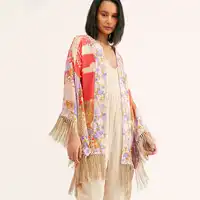 Jastie 柳ショートローブ花プリントの女性のジャケットトップワイド長袖着物カーディガン調整ウエストネクタイ自由奔放に生きるカジュアルビーチトップ