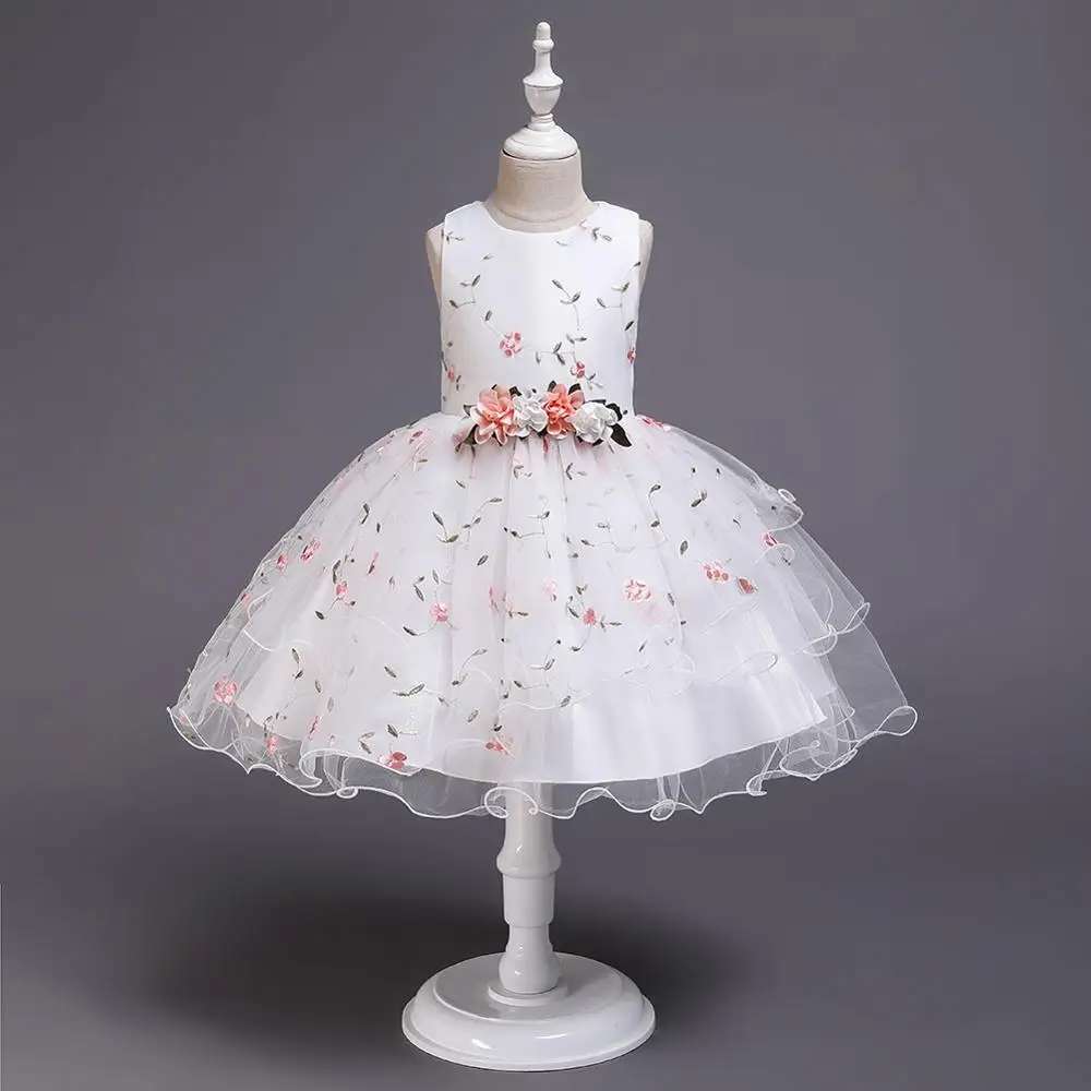 

new baby girl clothes Flower Sleeveless Gauze wtihe Embroidery Stage performance kids dress Birthday party Bud tutu dress