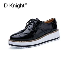 Retro Oxfords For Women Lace up Brogue Shoes Patent Leather Flats Platform Shoes Woman British Style Female Footwear Big Size 40 elevator vintage women oxfords shoes creepers brogue lace up brown muffin platform british style flats thick sole white spring