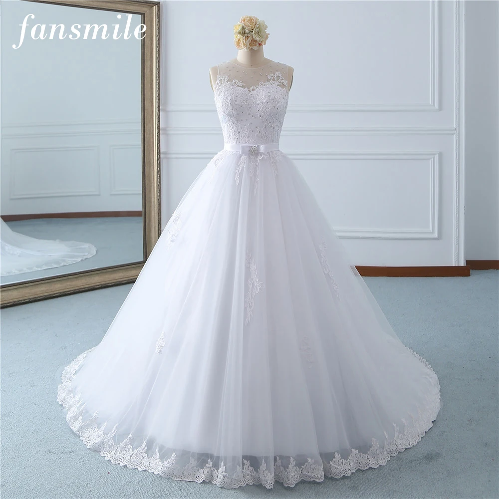 

Fansmile Tulle Mariage Vestido De Noiva White Lace Wedding Dresses 2019 Plus Size Long Train Wedding Gowns Bride Dress FSM-454T