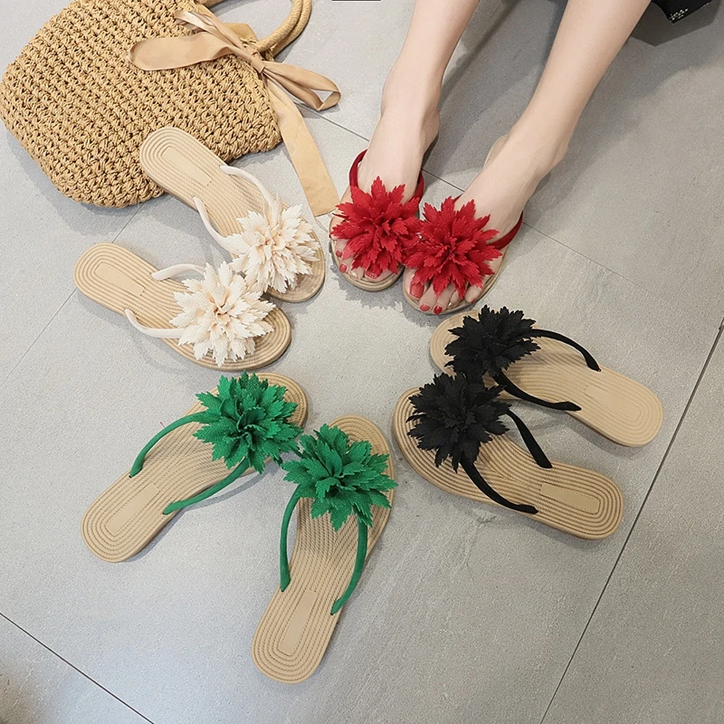 

COOTELILI Summer Slippers Shoes Woman Slides Flat Heels Women Shoes Beach Flip Flops Female Flower Red Green Beige Black