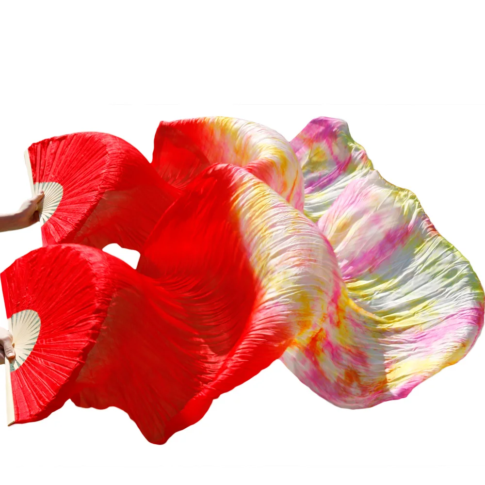 

100% Silk Mixed Colors Stage Performance Dance Fans Red+Multicolor Dance Props 180x90cm Women Belly Dancing Fan Veils (2 Pieces)