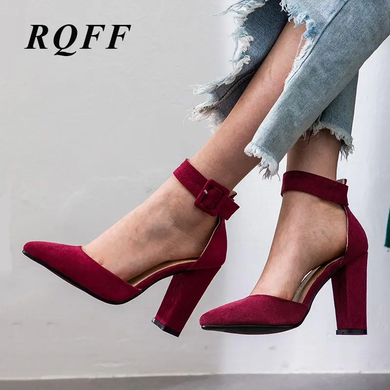 

RQFF Plus Size Sandals Women Handmade Coarse Heel Shoes Woman Flock Ankle-wrap Dress Buckle Strap Solid Concise High Heels