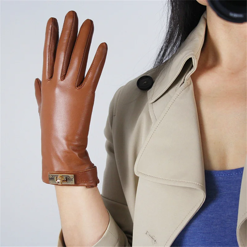 Women'S Touch Screen Leather Gloves Imported Goatskin Light Brown Female Gold Button Style TB47