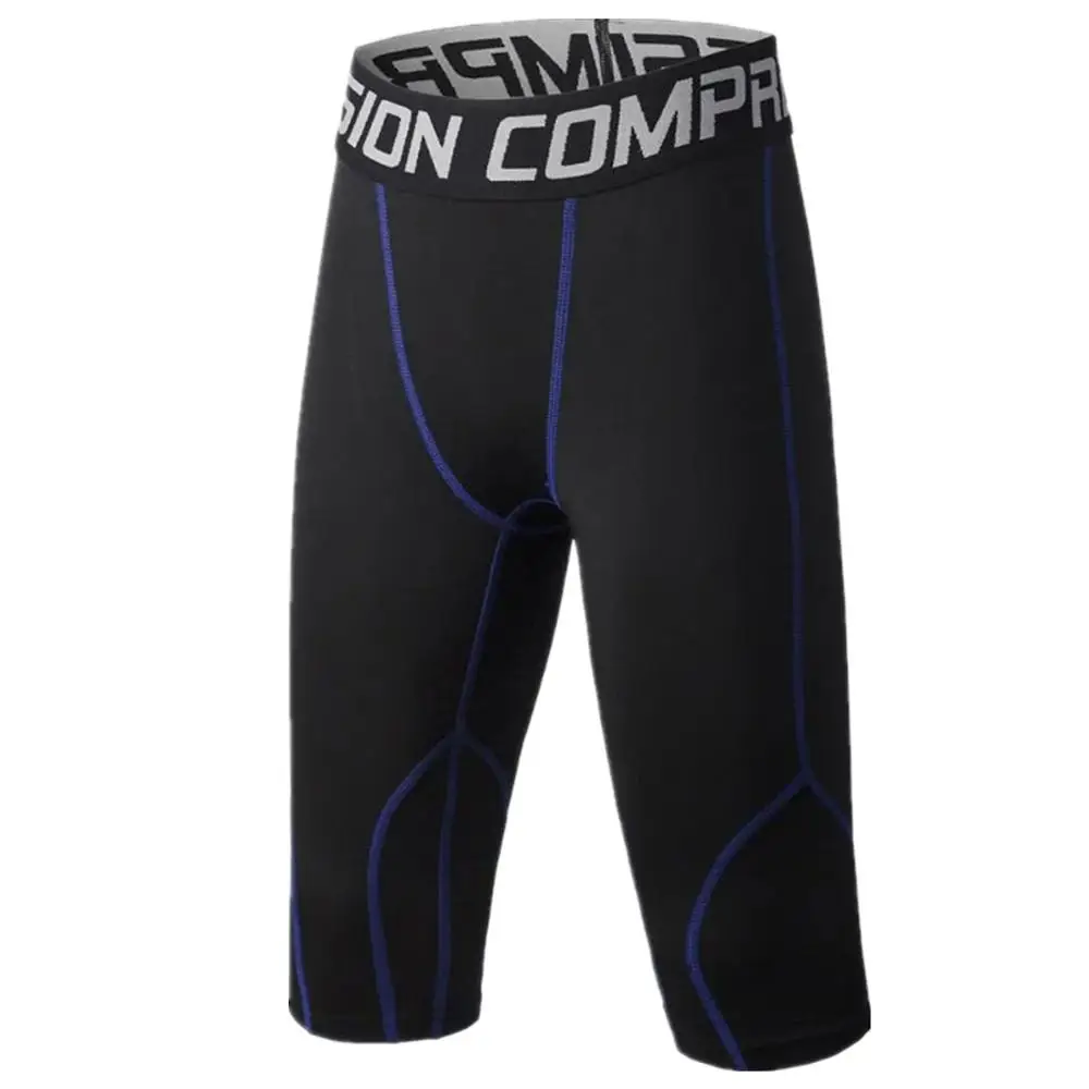 Детские компрессионные колготки 3/4 штаны для бега быстросохнущие фитнес-теннисные беговые леггинсы для баскетбола Мальчики крутые футбольные брюки - Цвет: T053 blue line