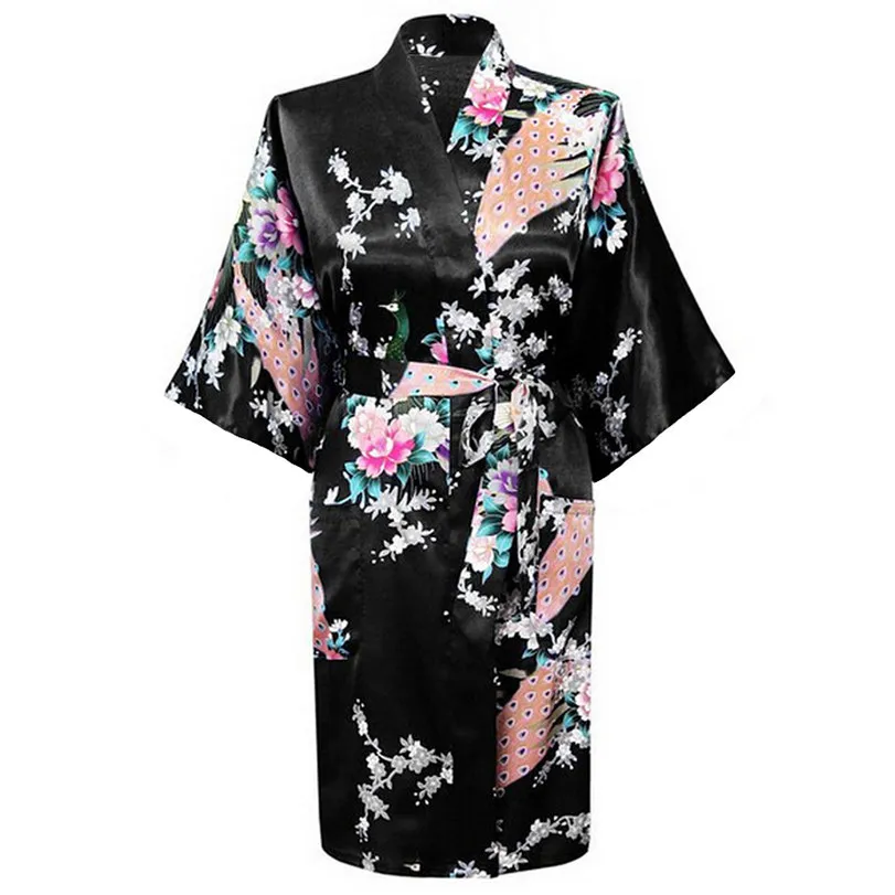 Сексуальное женское свадебное платье для невесты, подружки невесты, серое кимоно, банный халат большого размера, пижама размера XXXL, домашний халат, ночная рубашка с принтом - Цвет: Черный
