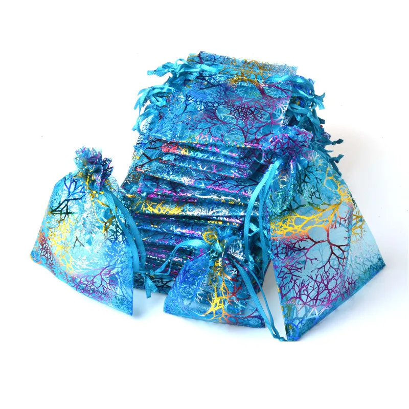 Сумка из органзы 7x9 см 9x12 10x15 Упаковка 100 Свадебная вечеринка мешок для конфет Jewelry коралловый вышивка крестом картины печатных Подарочный