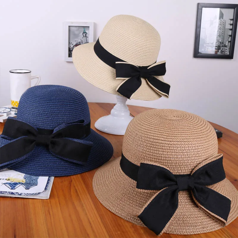 

Fashion 1Pcs Summer Straw Cap Beach Hat Ribbon Round Bow Big Wide Brim Sun Hats UV Protections Adjustable Outdoors Accessories