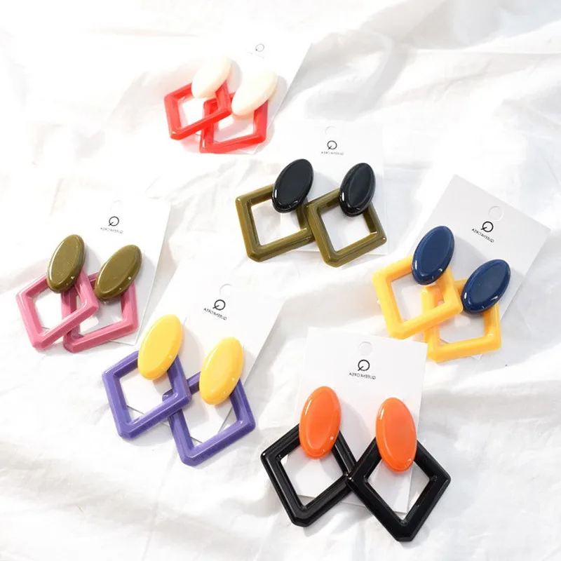 

Korean Geometric Oval Square Long Dangle Earrings Pink Yellow Red Acrylic Hollow Big Drop Earrings For Women Jewelry Accessories