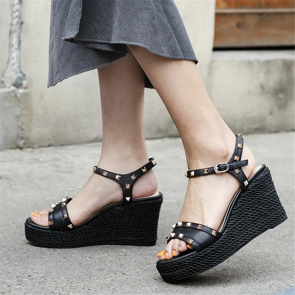 

Lapolaka fashion women's genuine leather shoes ladies wedges high heels rivet shoes woman casual summer sandals