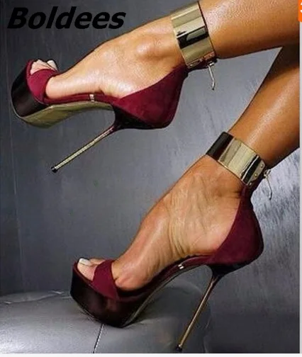 

Delicate Burgundy Suede Thin Heel Platform Sandals Women Sexy Open Toe Ankle Wrap Stiletto Heel Dress Sandals FashionCatwalkShoe