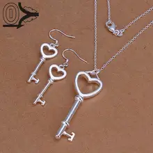 Горячая посеребренный комплект ювелирных изделий, недорогой Свадебный вечерние наборы, простое сердце ключ модное серебряное ожерелье серьги из двух частей