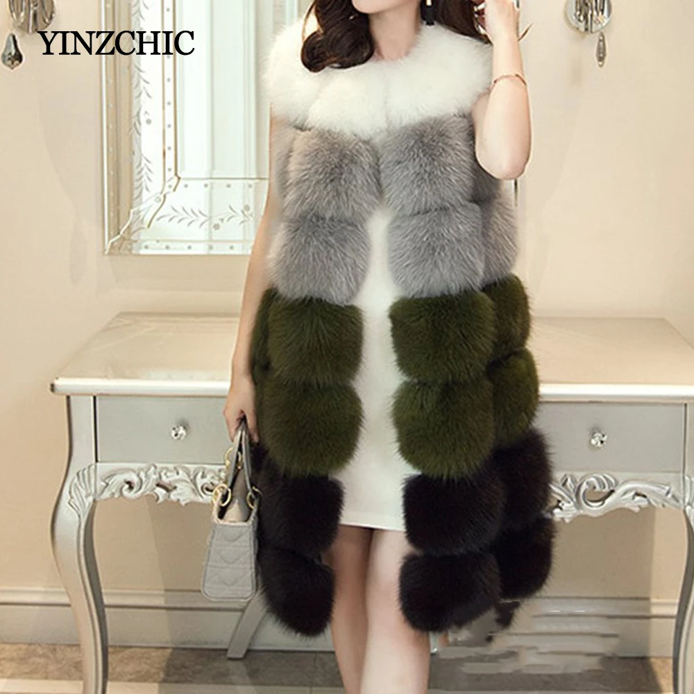 

Winter Woman Thick Fur Vest Color Patched Female Warm Faux Fur Coat Sleeveless Fake Fur Long Coats Women Casual Artificial Fur