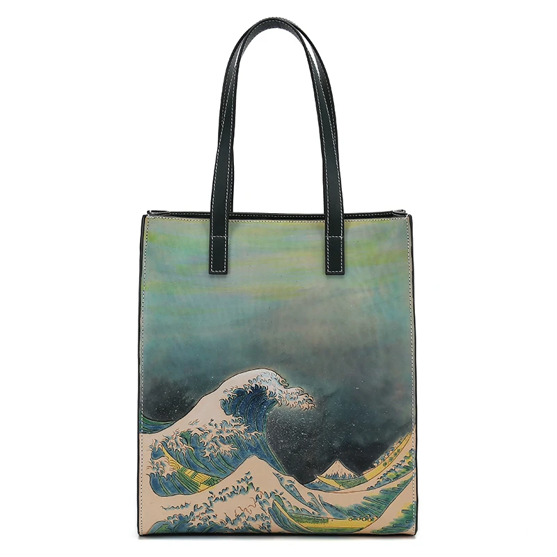 

2017 New Ladies genuine Leather casual totes hand carved famous picture Bags Vintage handbags Female Casual Shopping Bags