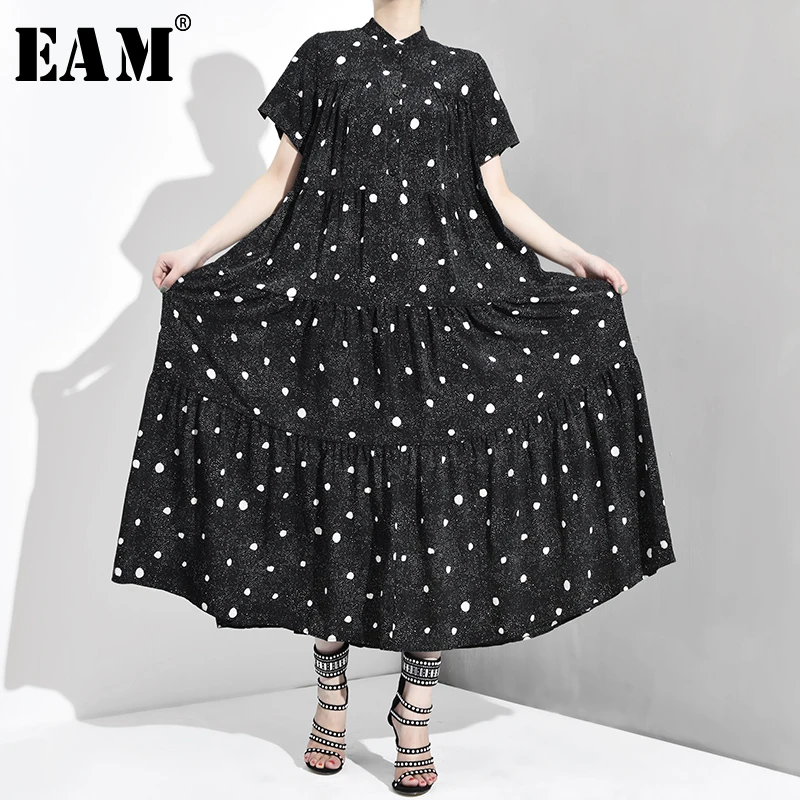 

[EAM] 2019 New Spring Summer Stand Collar Short Sleeve Black Dot Printed Loose Long Cake Pleated Dress Women Fashion Tide JY261