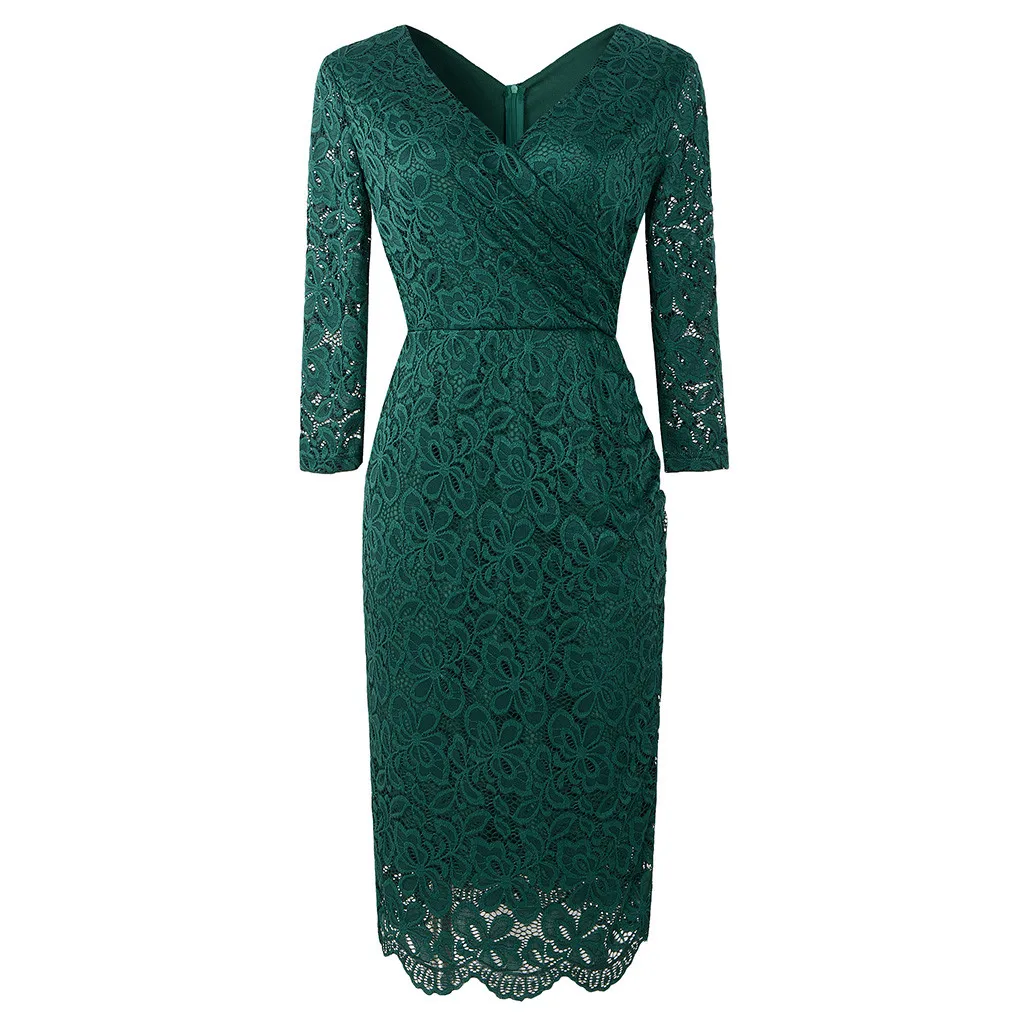 Женское зимнее кружевное платье, женское платье с v-образным вырезом и длинным рукавом, элегантное винтажное платье Vestidos размера плюс - Цвет: Зеленый