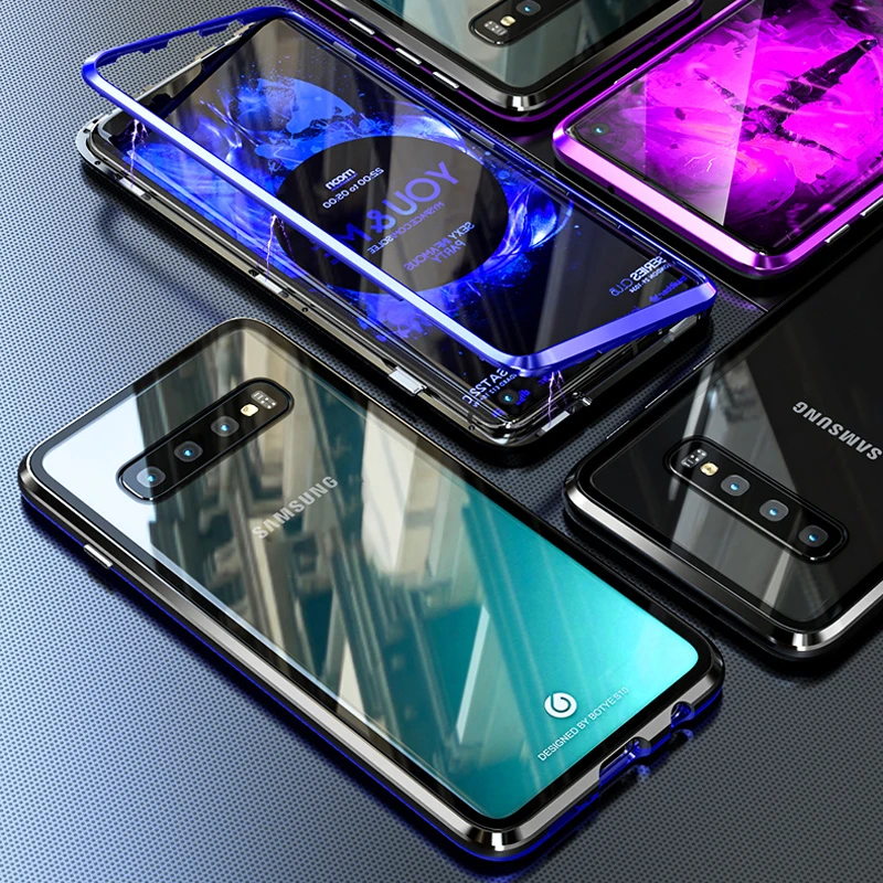 Magnetic Case For Samsung Galaxy S10 Plus S10E 5G Anti-knock Aluminum Metal &amp Back Side Tempered Glass Cover |