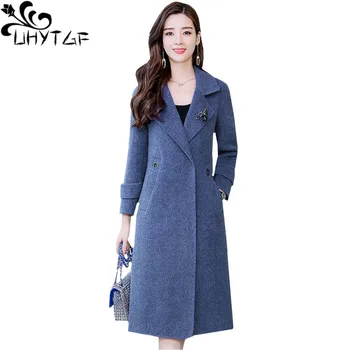 

UHYTGF Luxury wool coat Female winter jacket lapel long windbreaker coat Elegant women Casual woolen jacket M-4XL Plus size 1087