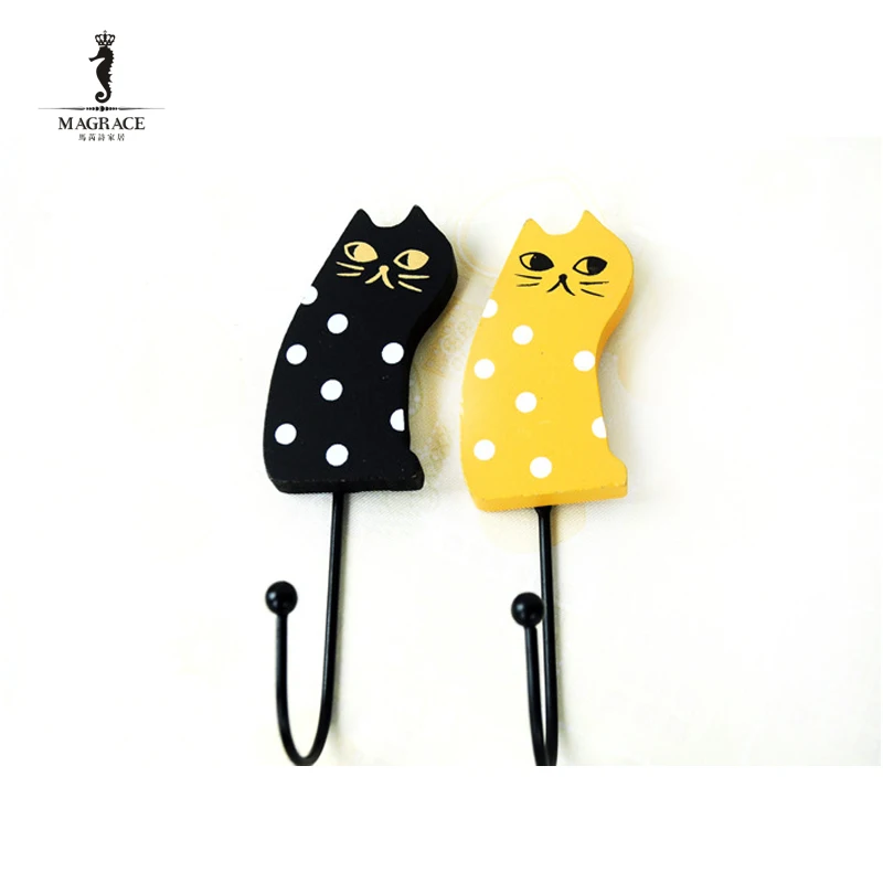 Wood Retro European Pastoral Yellow/Black Cat Hook Rural Coat Bag Hanger Hooks Kitchen Bathroom