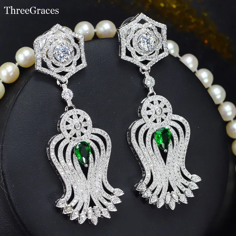 

ThreeGraces 4 Color Options Super Long Dangle Cubic Zirconia Stone Setting Green Crystal Vintage Drop Earrings For Bridal ER278