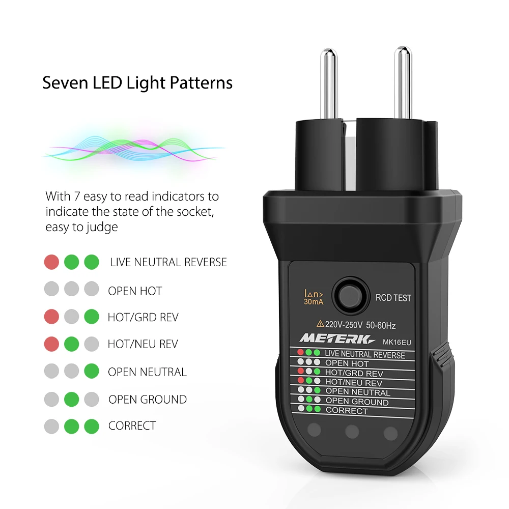 Электрическая розетка Тесты er Meterk Advanced RCD автоматический провод заземления Тесты ing электрической цепи полярности детектор электрический утечки Тесты