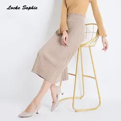 Высокая талия женские юбки-карандаш 2019 осенние модные трикотажные хлопчатобумажные сплайсинги selastic длинные плиссированные юбки женские