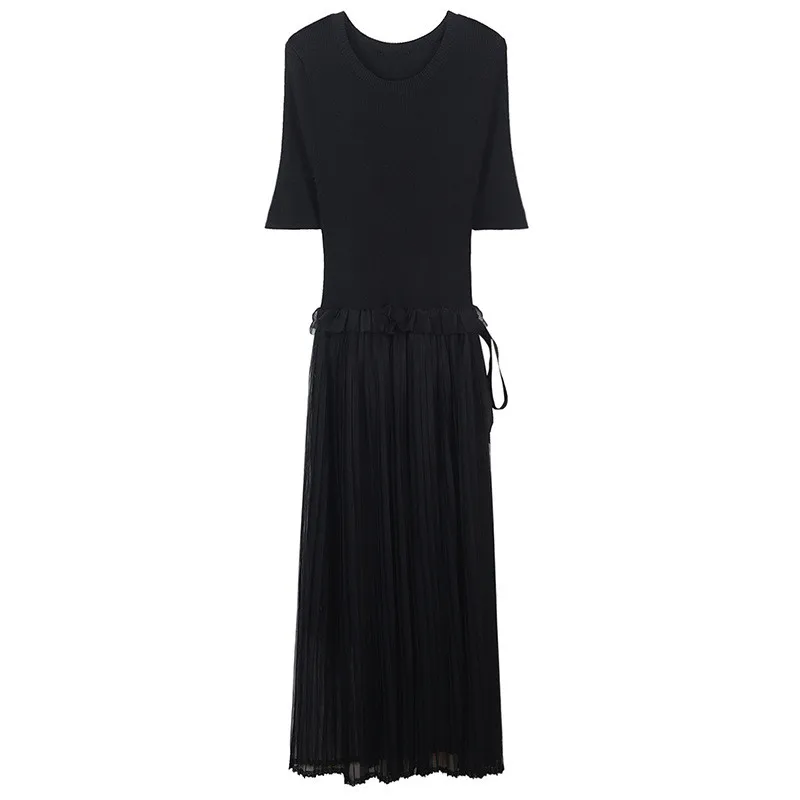 

Women Dress Elegant Lace Up Split Mesh Side Zippers Knitted Party Dress Robe Lace Summer Runway Design Slim Pullovers Vestido