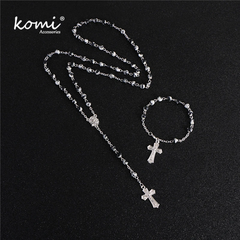 

KOMi 6mm White And Black Stone Bead Cross Pendant Necklace Bracelet Set Handmade Religious Rosary Catholicism Jewelry R-139