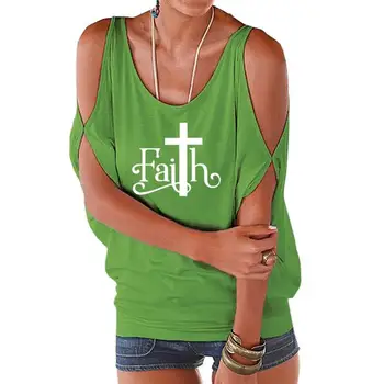 

2019 New Fashion T-Shirt For Women Faith Letters Print Off The Shoulder Bat Sleeve Women T-Shirt Plus Size Cotton Cropped Summer