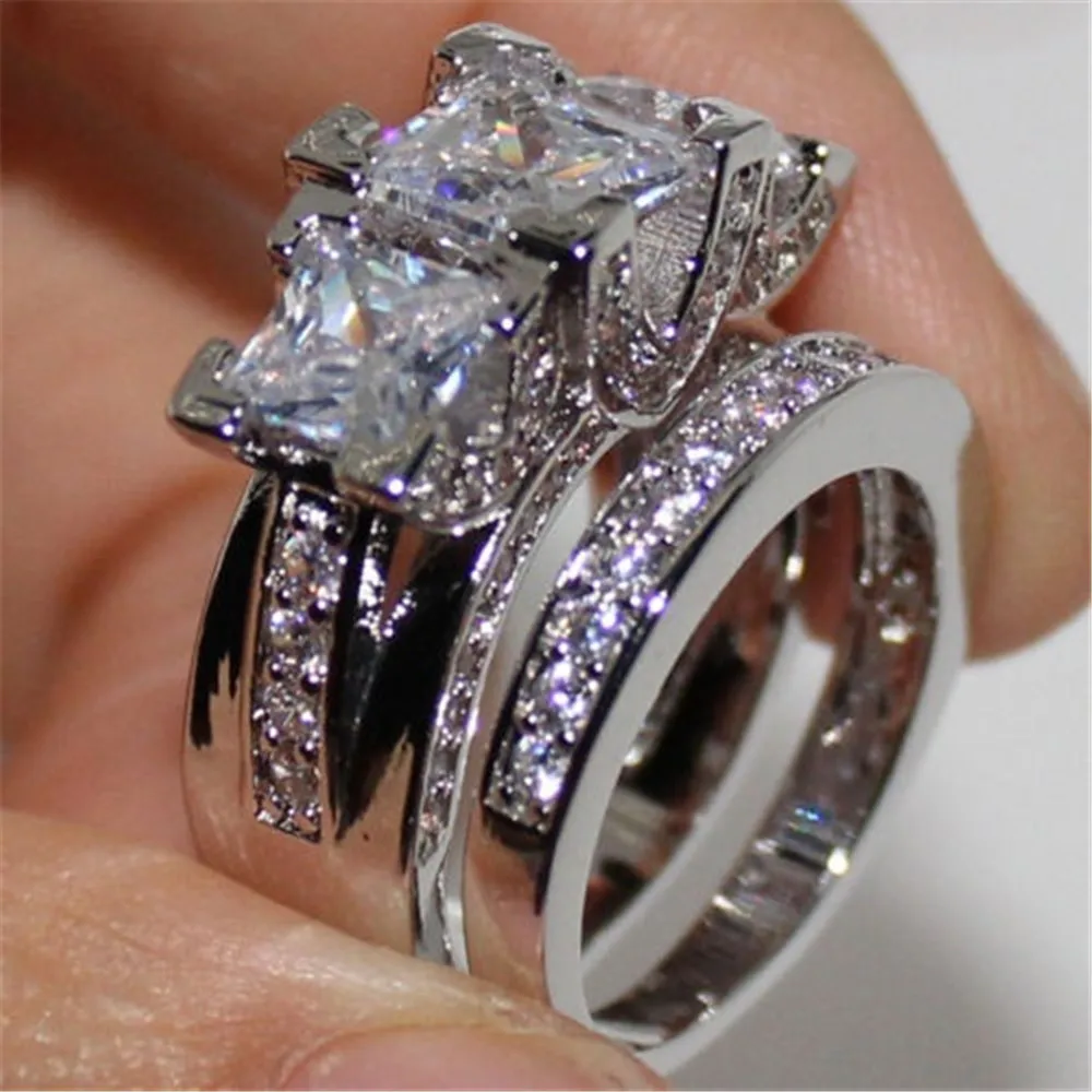 

Luxury Crystal Female Zircon Wedding Ring Set Fashion 925 Silver Bridal Sets Jewelry Promise Love Engagement Rings For Women
