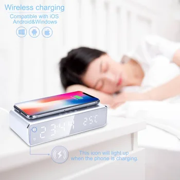 Electric LED alarm clock with phone wireless charger Desktop digital thermometer clock HD mirror clock with date 12/24 h switch 5