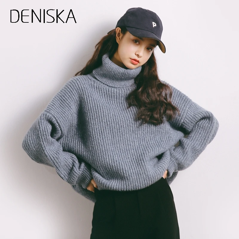 DENISKA 2018 Pullover Winter Sweaters Women Loose Style Oversized Turtleneck Long Sleeve Soft Warm Thick Casual Jumper F | Женская
