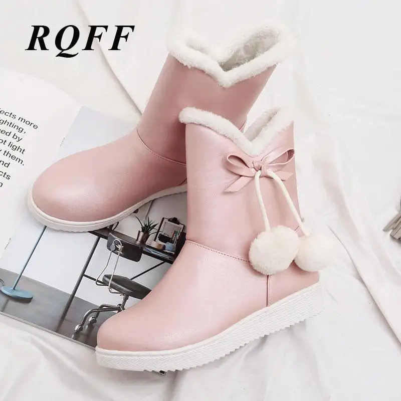 

RQFF Handmade Ankle Slip-on Snow Boots Woman Soft Flat With Winter Plush Solid Butterfly-knot Womens Shoes Black White Pink