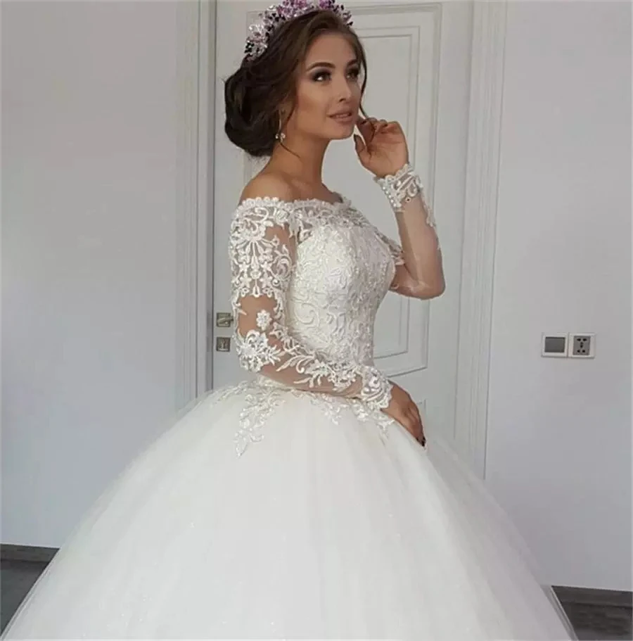 Vestidos de novia элегантные свадебные платья с открытыми плечами бальное платье скромное с длинным рукавом и аппликацией платье невесты из тюля