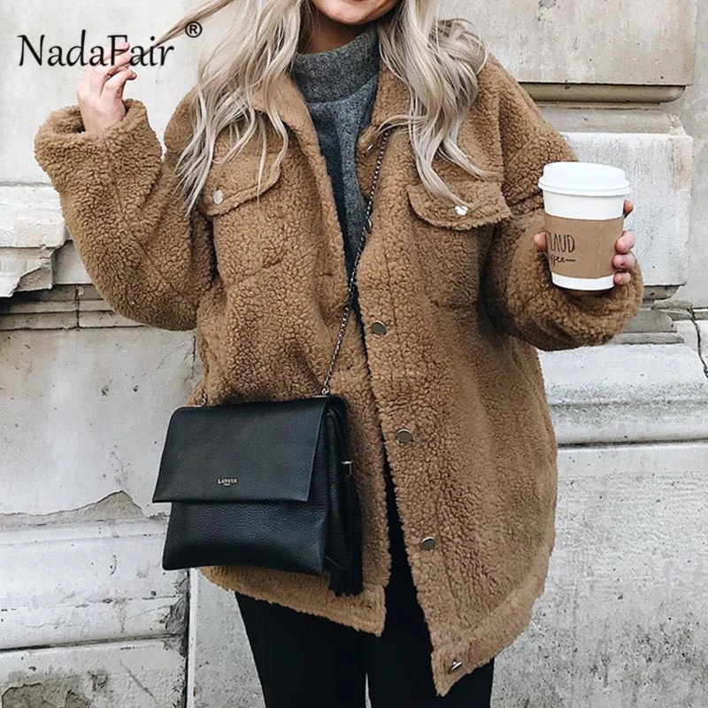 Koop Nadafair Faux Fur Fluffy Teddy Jas Vrouwen Knop Lange Mouw Herfst Winter Jassen 2018 Pocket Pluche Turn Down Jas Bovenkleding