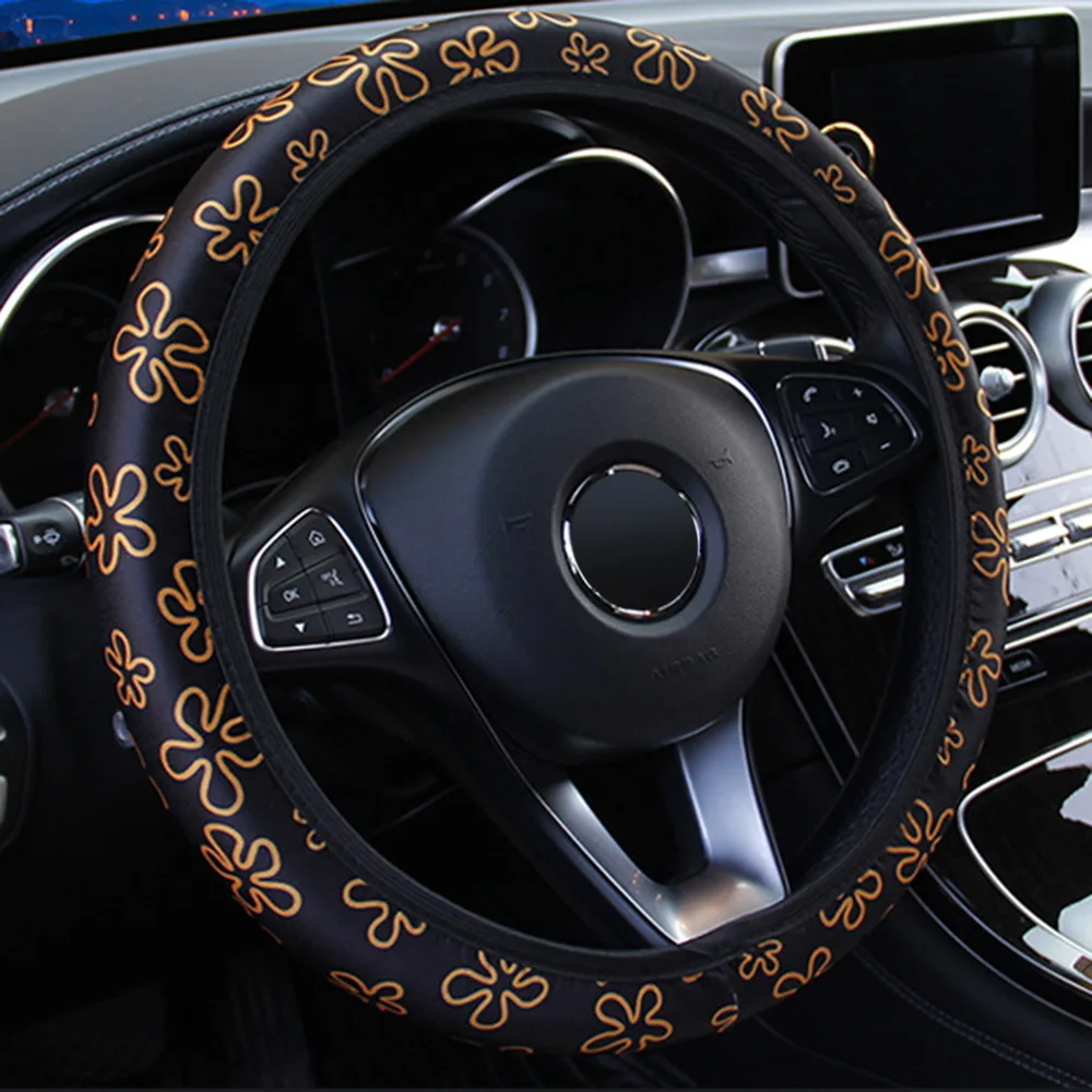 Orange Flowers FORAUTO чехол рулевого колеса автомобиля с цветочным принтом Противоскользящий автомобильный Стайлинг эластичный 38 см рулевые Чехлы универсальные аксессуары для интерьера - Название цвета: Orange Flowers