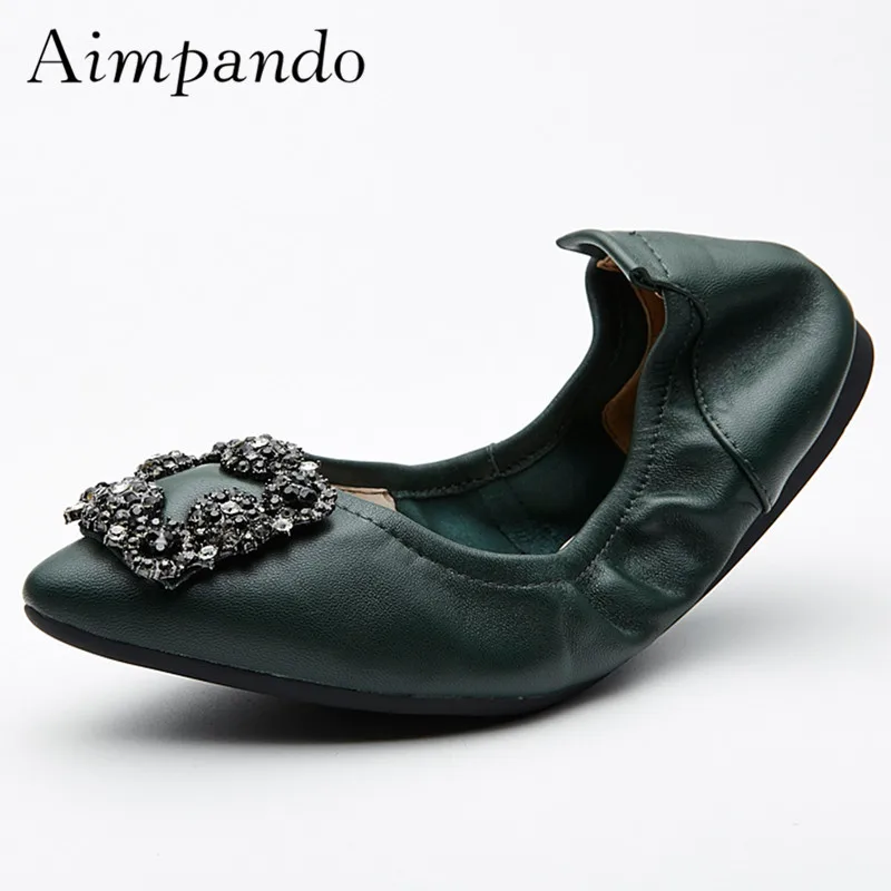 

2018 Spring Summer Point Toe Casual Flats Low Front Square Buckle With Crystal Egg Roll Shoes Woman