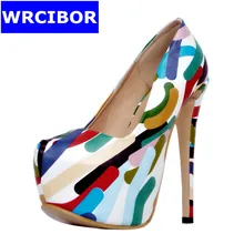 Big size 34-47 NEW 2017 Women Shoes PU leather platform pointed toe High heels Lady fashion Print flower Sexy Thin Heels Pumps
