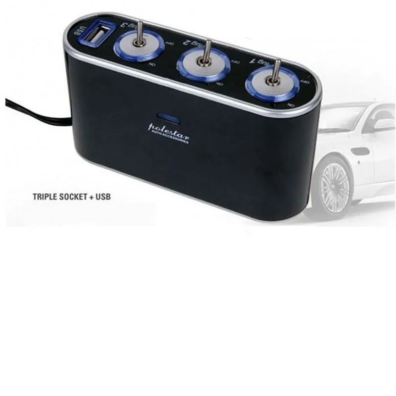 Allume сигареты Voiture 3 способ тройной автомобильный прикуриватель Разветвитель 12 В/24 В+ USB+ светодиодный выключатель света Прямая поставка may11