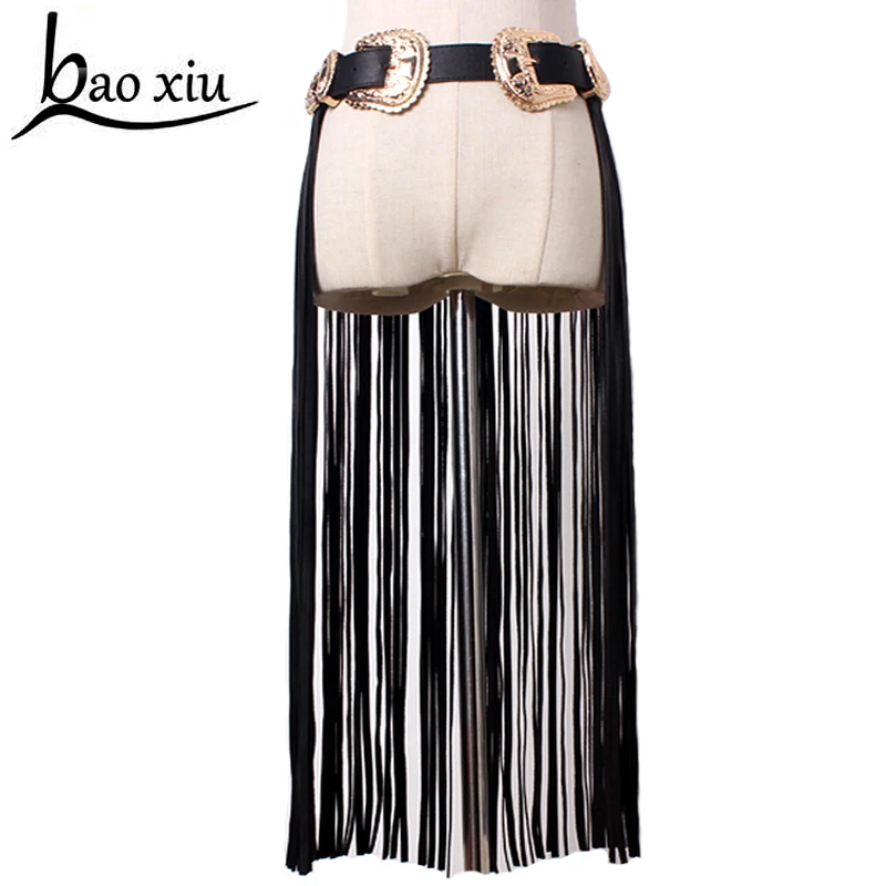 New fashion Metal double buckle women leather tassel belts Fringe Black