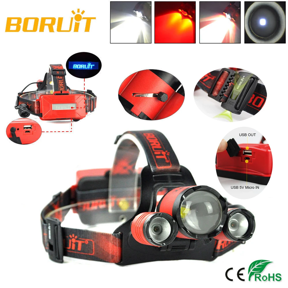 Налобный фонарь BORUIT B22 перезаряжаемый масштабируемый с 4 режимами работы Micro USB и