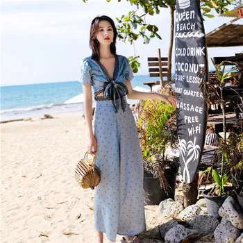 

Women Two Piece outfits lace crop top and wide leg pant