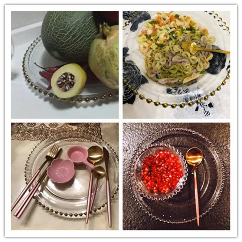 Gold Rim glass pearl tray transparent glass beads plate fruit cake Western dish plate golden edge plate (4)_